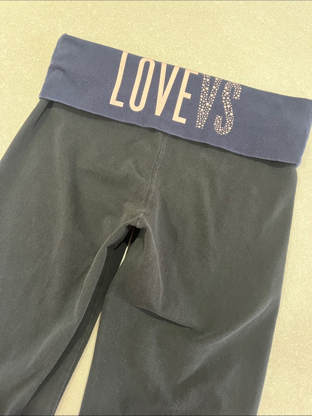 LOVE VS Black straight leg Leggings with Navy Waistband